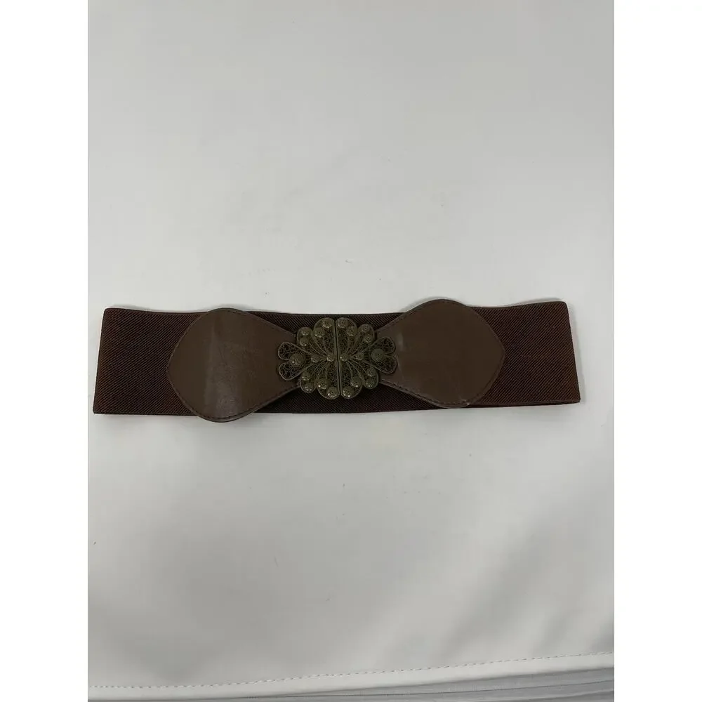 Women's Small Wide Stretch Belt‎ Boho Style Bronz Metal Leaf Clasp